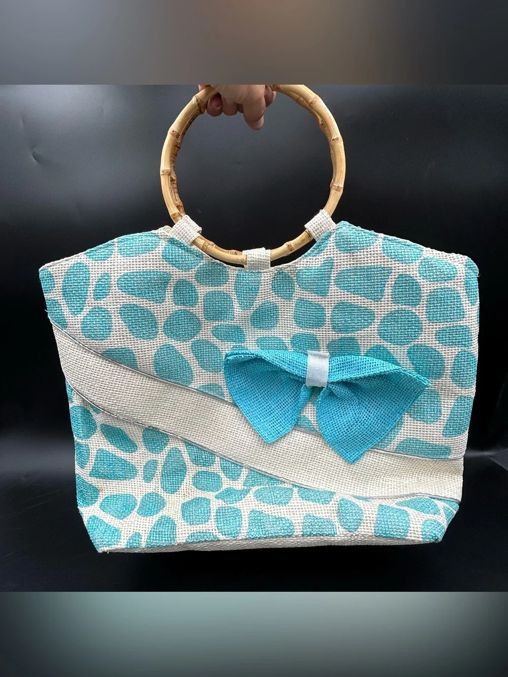 Vintage Bamboo Handle Handbag Blue White Straw Raffia Bow Beach Purse Bag